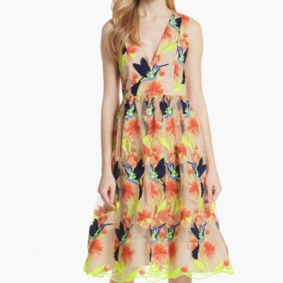 RARE NWOT 29 Alice + Olivia Embroidered Becca Hummingbird Midi Dress M $695